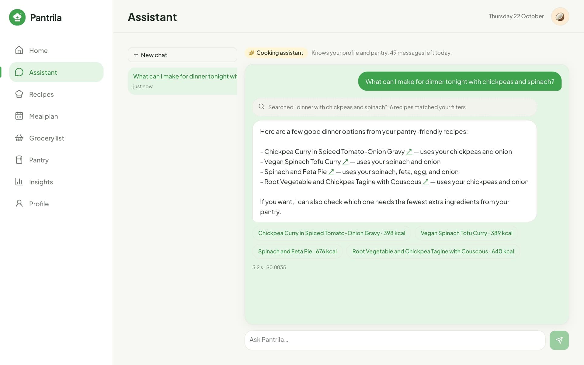 A conversation with the Pantrila assistant recommending recipes
