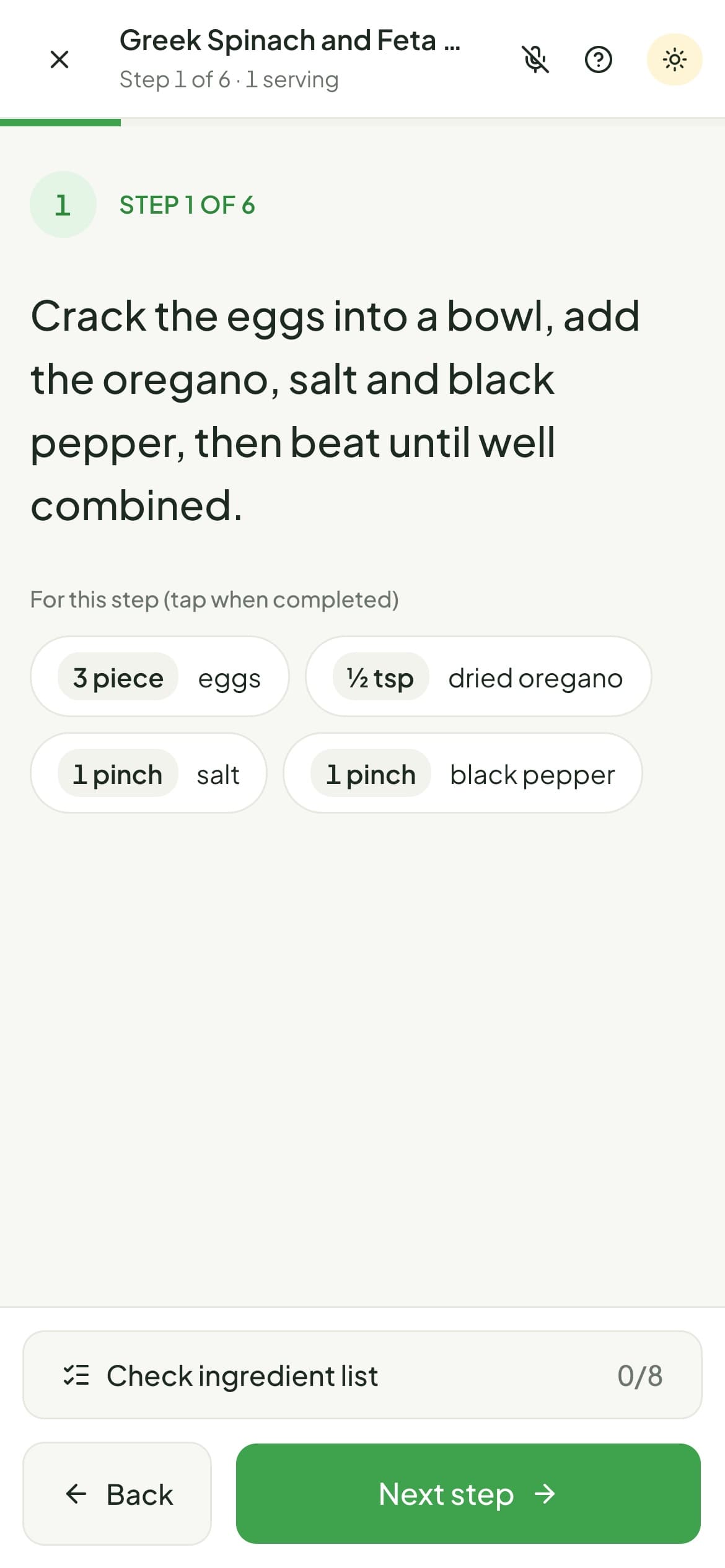 Cooking mode on a phone, showing one step and a timer